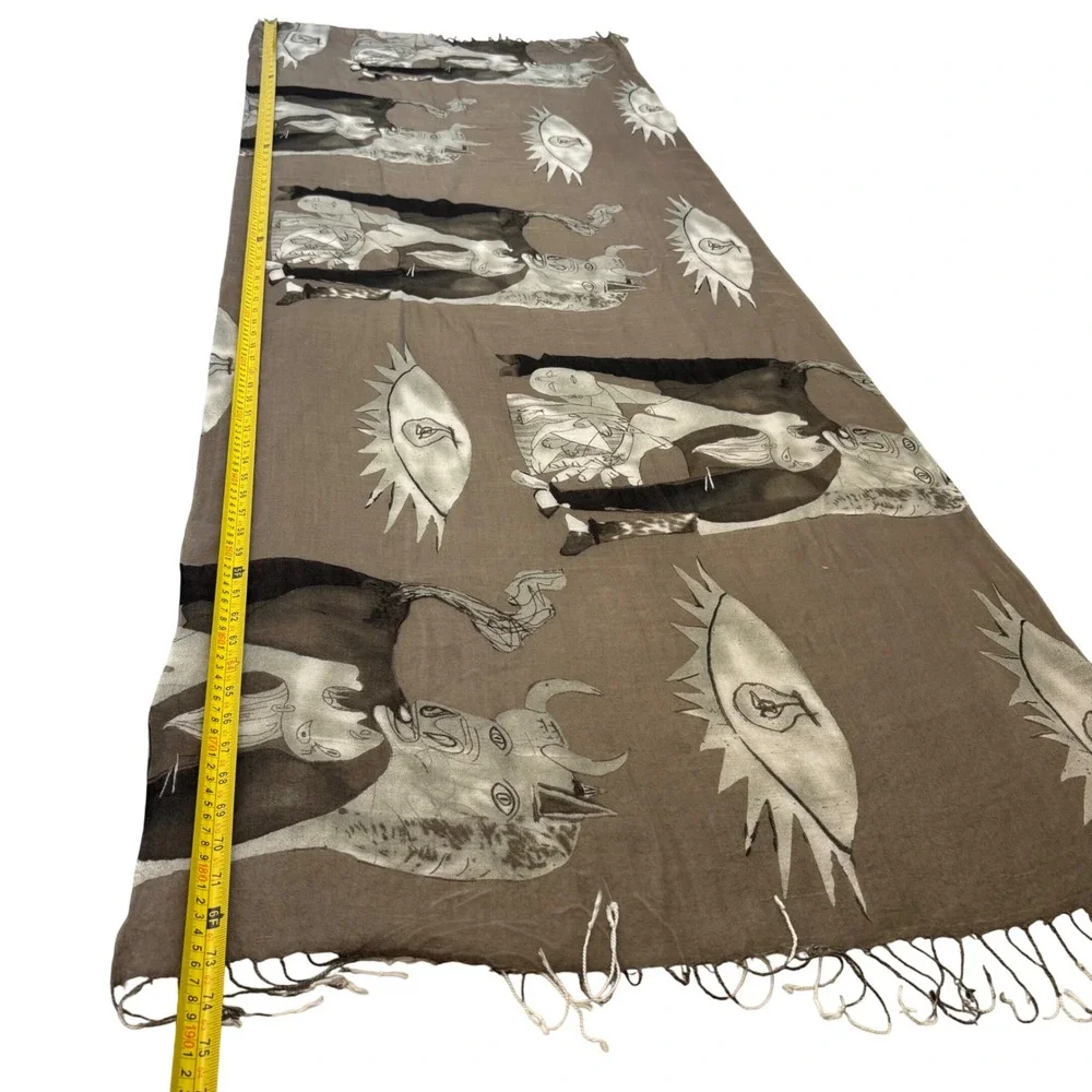 Picasso Guernica Print Scarf, Taupe Black Oversized Rectangle Silk Cotton Blend